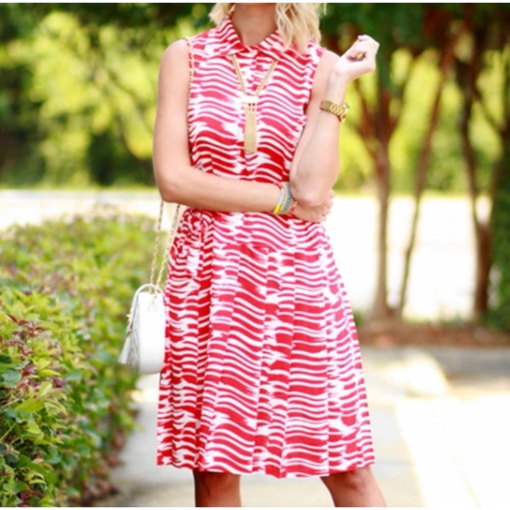 CABI Dress Size M Womans Red White Brushstroke Pleated Button-Up Drop Waist #281